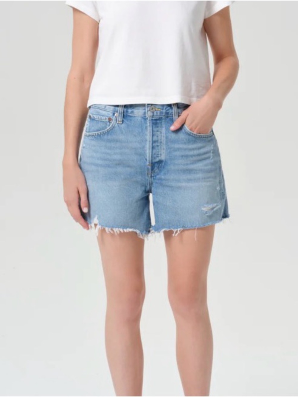 Agolde Light Blue Distressed High-Rise Denim Shorts